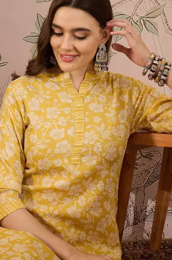 Yellow cotton stitched top with stitched cotton bottom and - dupatta 3/4 sleeve printed straight top