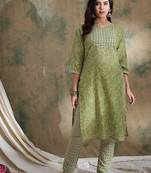 Green cotton stitched top with stitched cotton bottom and - dupatta 3/4 sleeve printed straight top