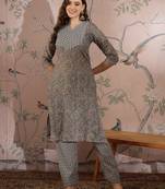 Grey cotton stitched top with stitched cotton bottom and - dupatta 3/4 sleeve printed straight top