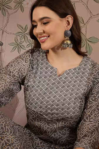Grey cotton stitched top with stitched cotton bottom and - dupatta 3/4 sleeve printed straight top