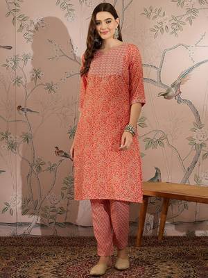 Peach cotton stitched top with stitched cotton bottom and - dupatta 3/4 sleeve printed straight top 1