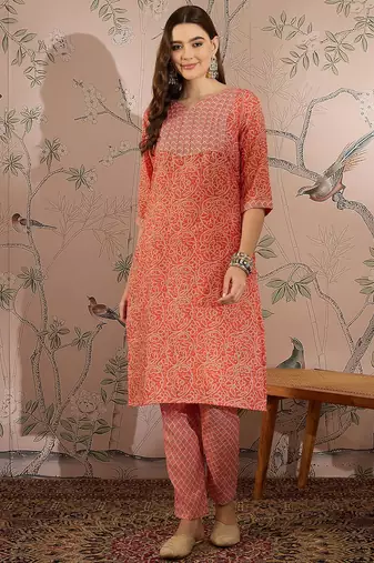 Peach cotton stitched top with stitched cotton bottom and - dupatta 3/4 sleeve printed straight top