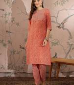 Peach cotton stitched top with stitched cotton bottom and - dupatta 3/4 sleeve printed straight top