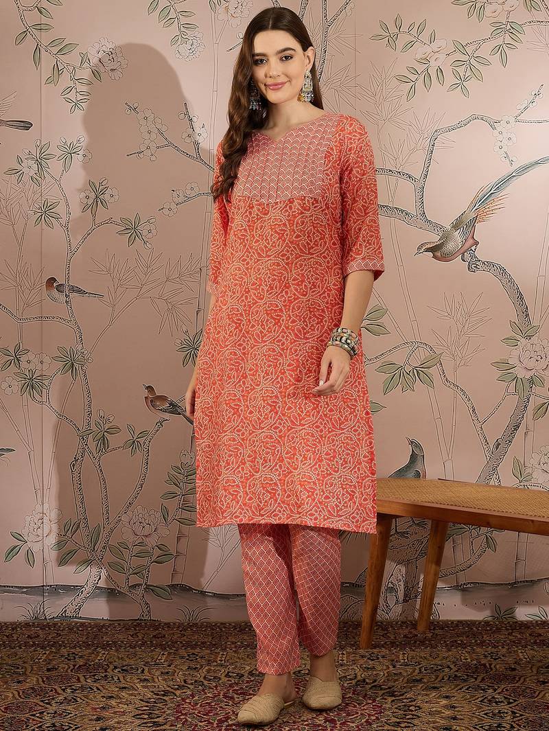 Peach cotton stitched top with stitched cotton bottom and - dupatta 3/4 sleeve printed straight top