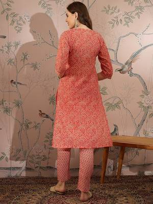Peach cotton stitched top with stitched cotton bottom and - dupatta 3/4 sleeve printed straight top 2