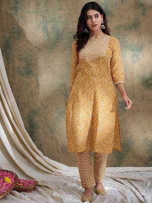 Yellow cotton stitched top with stitched cotton bottom and - dupatta 3/4 sleeve printed straight top 1