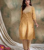 Yellow cotton stitched top with stitched cotton bottom and - dupatta 3/4 sleeve printed straight top