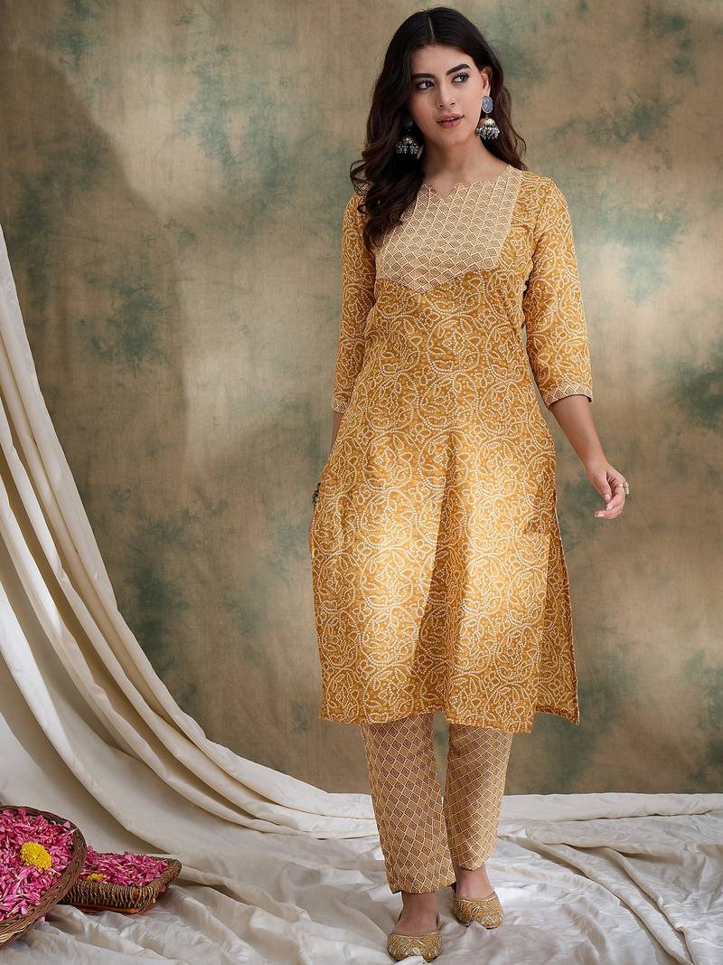 Yellow cotton stitched top with stitched cotton bottom and - dupatta 3/4 sleeve printed straight top