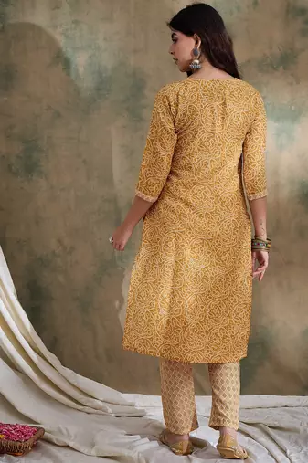 Yellow cotton stitched top with stitched cotton bottom and - dupatta 3/4 sleeve printed straight top