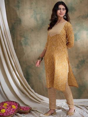 Yellow cotton stitched top with stitched cotton bottom and - dupatta 3/4 sleeve printed straight top 3