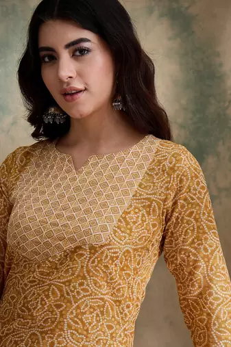 Yellow cotton stitched top with stitched cotton bottom and - dupatta 3/4 sleeve printed straight top