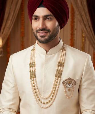  groom sherwani necklace moti mala layered for wedding | groom mala with brooch set 6