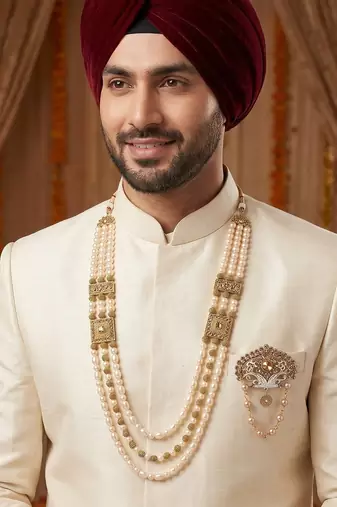   groom sherwani necklace moti mala layered for wedding | groom mala with brooch set