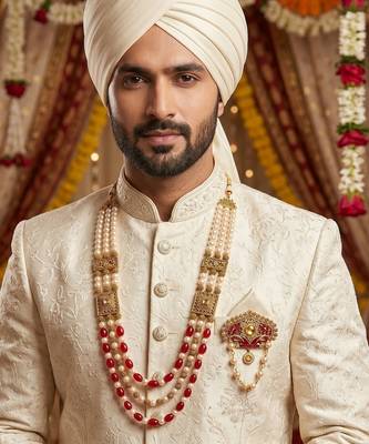   groom sherwani necklace moti mala layered for wedding | groom mala with brooch set 6