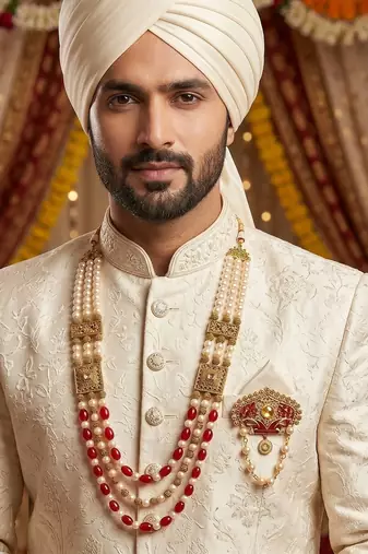   groom sherwani necklace moti mala layered for wedding | groom mala with brooch set
