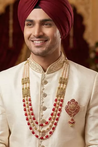   groom sherwani necklace moti mala layered for wedding | groom mala with brooch set