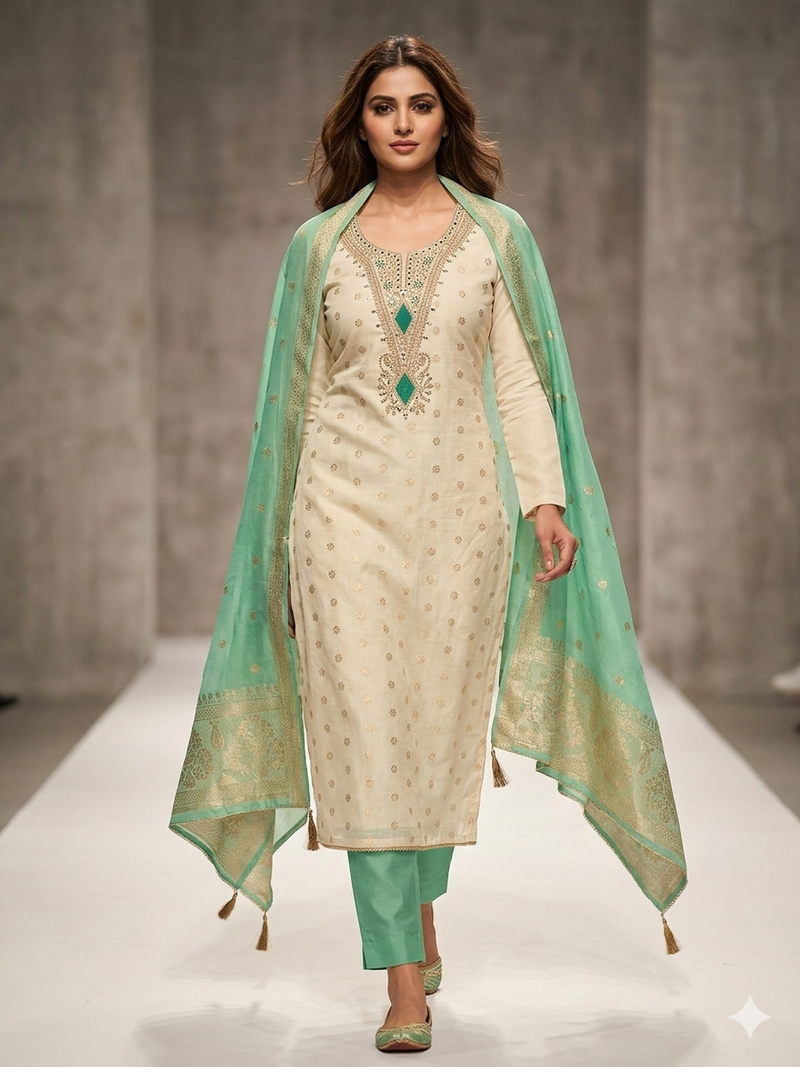 Elegant simmer butti embroidered dress material with simmer dupatta