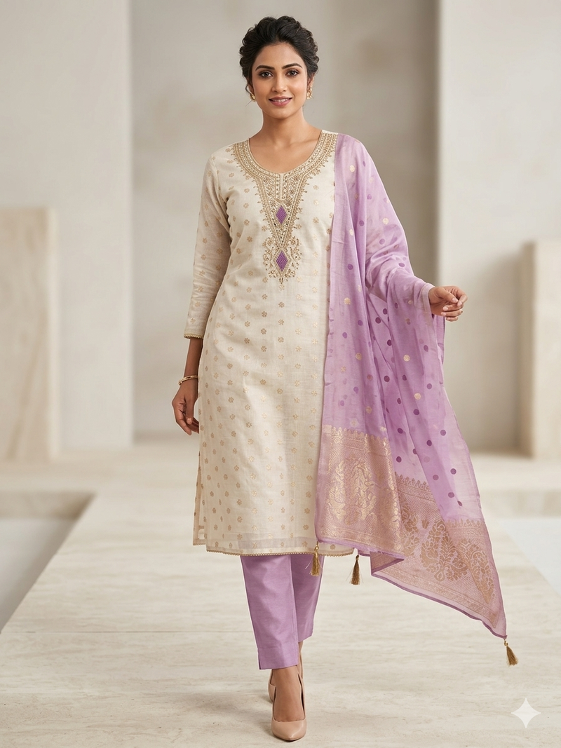Elegant simmer butti embroidered dress material with simmer dupatta