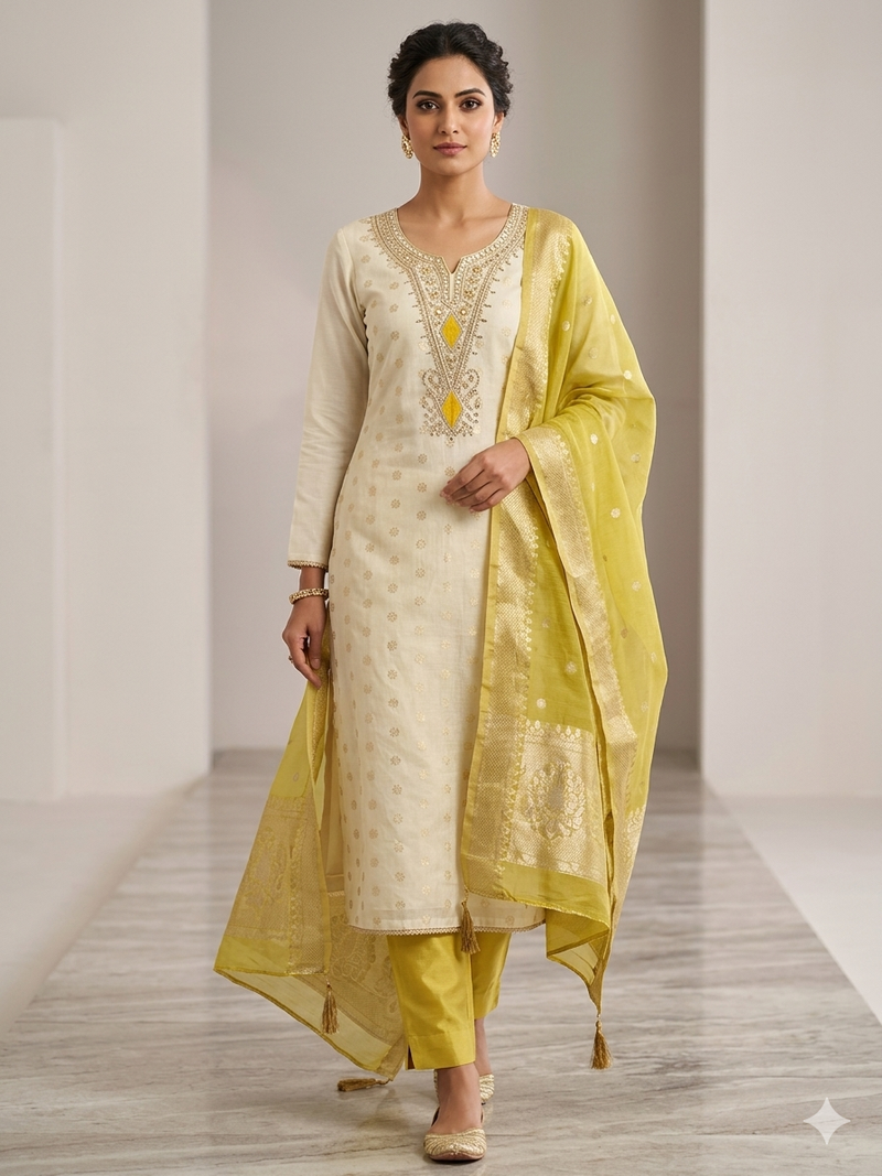 Elegant simmer butti embroidered dress material with simmer dupatta