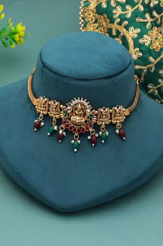Maroon & green color choker temple necklace