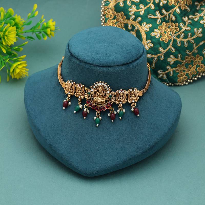 Maroon & green color choker temple necklace