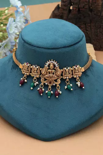 Maroon & green color choker temple necklace