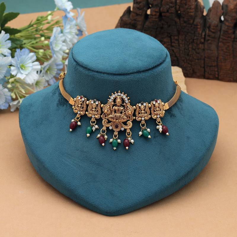 Maroon & green color choker temple necklace