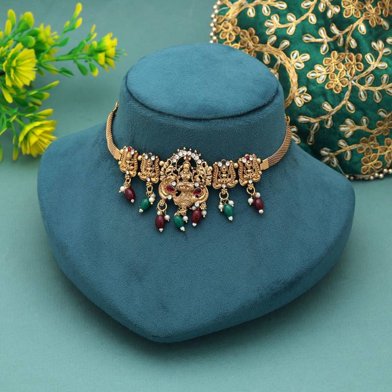 Maroon & green color choker temple necklace
