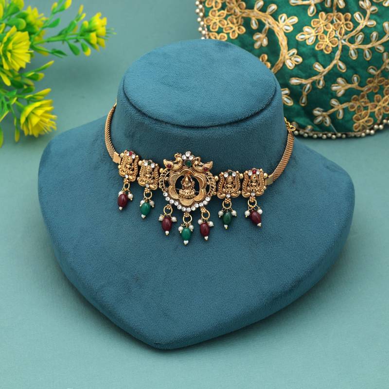 Maroon & green color choker temple necklace