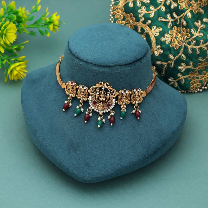 Maroon & green color choker temple necklace