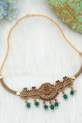 Maroon & green color choker temple necklace