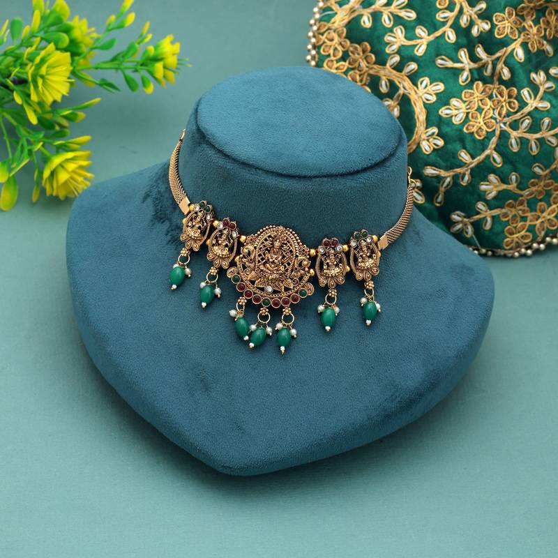 Maroon & green color choker temple necklace
