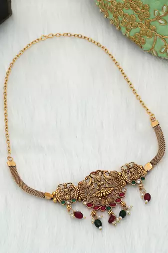 Maroon & green color choker temple necklace