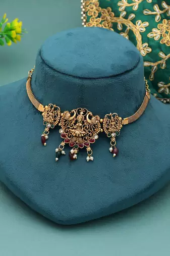 Maroon & green color choker temple necklace
