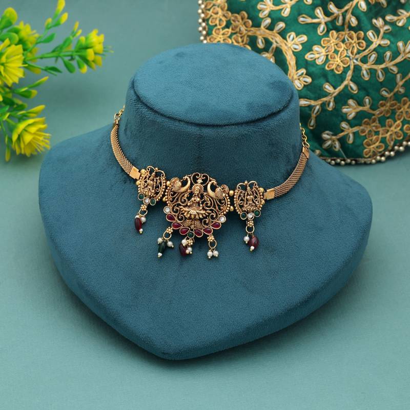 Maroon & green color choker temple necklace