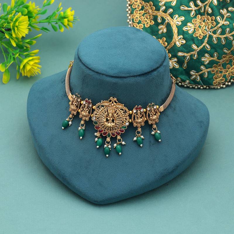 Maroon & green color choker temple necklace