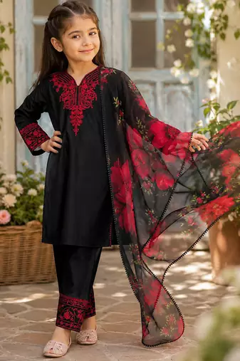 Premium kids black silk-blend kurta set with maroon embroidery work and dupatta