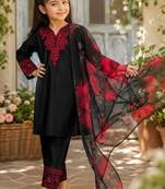 Premium kids black silk-blend kurta set with maroon embroidery work and dupatta