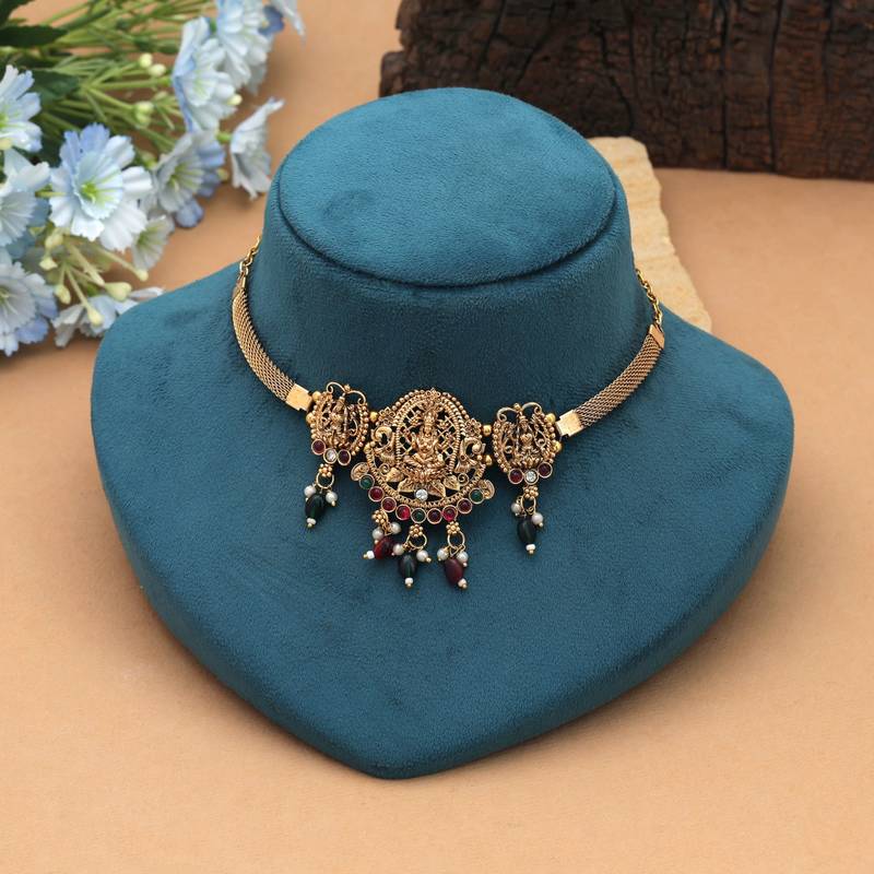 Maroon & green color choker temple necklace