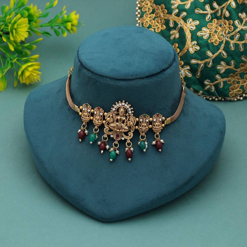 Maroon & green color choker temple necklace