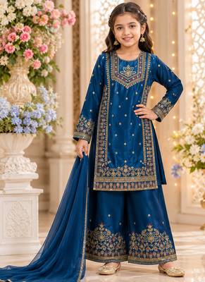 Royal blue embroidered kids plazzo suit with plain dupatta partywear ethnic set for girls 1