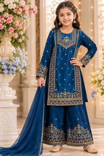 Royal blue embroidered kids plazzo suit with plain dupatta partywear ethnic set for girls