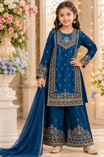 Royal blue embroidered kids plazzo suit with plain dupatta partywear ethnic set for girls