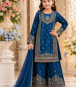 Royal blue embroidered kids plazzo suit with plain dupatta partywear ethnic set for girls