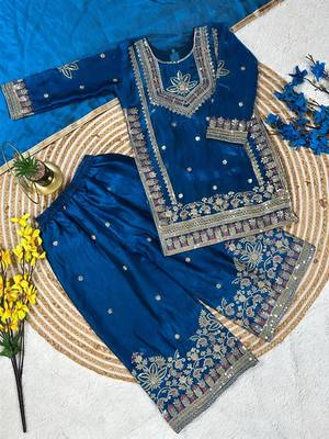 Royal blue embroidered kids plazzo suit with plain dupatta partywear ethnic set for girls 2