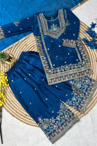 Royal blue embroidered kids plazzo suit with plain dupatta partywear ethnic set for girls