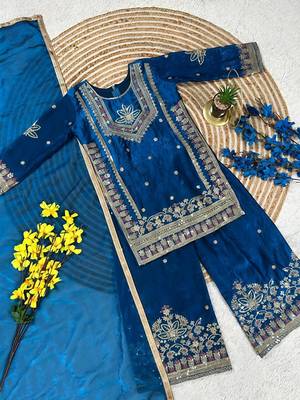 Royal blue embroidered kids plazzo suit with plain dupatta partywear ethnic set for girls 3