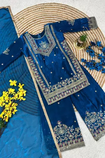 Royal blue embroidered kids plazzo suit with plain dupatta partywear ethnic set for girls