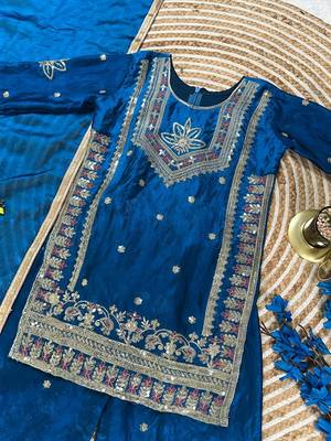 Royal blue embroidered kids plazzo suit with plain dupatta partywear ethnic set for girls 4