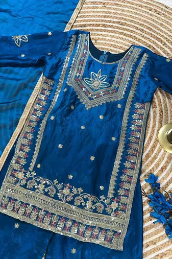 Royal blue embroidered kids plazzo suit with plain dupatta partywear ethnic set for girls
